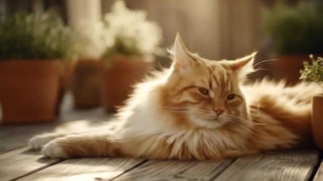 A ginger cat basks in the sunlight on a wooden patio, surrounded by potted plants.