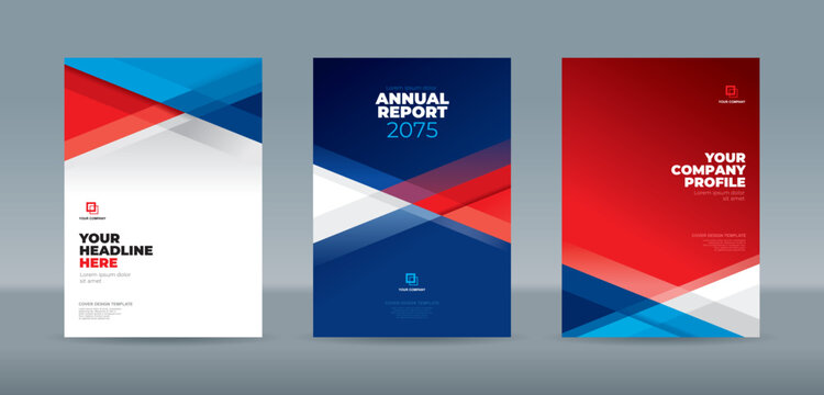 A striking a4 size book cover template for annual reports, company profiles, business presentations, brochures and posters with bold red, blue and white abstract geometric shapes on a dark background.
