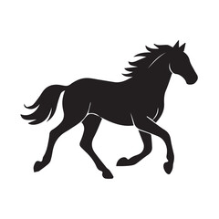 Silhouette vector design of a walking horse, represented in black and white contrast, outlined sharply with black, symbolizing beauty, freedom, and balance.