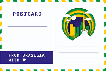From Brasilia, Brazil postal card template. Vector blank postcard illustration with cut out badge with landmarks, message space, national colors. Flat image layout