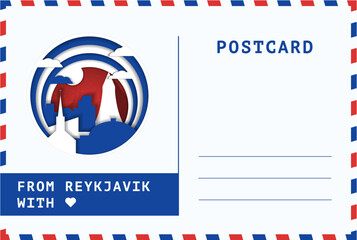 From Reykjavik, Iceland postal card template. Vector blank postcard illustration with cut out badge with landmarks, message space, national colors. Flat image layout