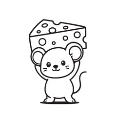 A humorous vector cartoon depicts a mouse holding big cheese above its head, designed in black and white, highlighted with solid black outlines.