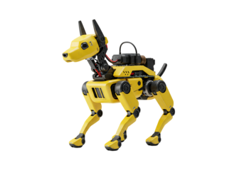 Yellow robotic dog running transparent background 3 d render technology automation future innovation
