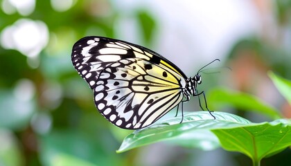 Naklejka premium Close-up of a butterfly resting on a leaf. Lush green foliage surrounds it
