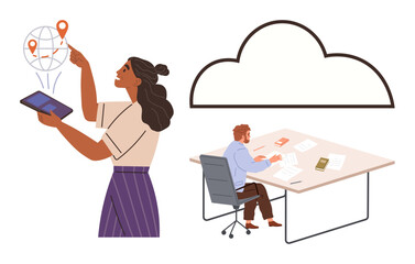 Woman interacting with digital map on tablet, man working at desk with documents, and cloud icon. Ideal for teamwork, cloud computing, remote work, technology, innovation, global connection simple