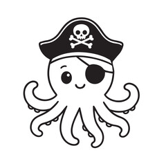 Vector artwork shows a cute octopus wearing pirate clothes, created in black and white, highlighted with bold black outlines emphasizing cartoonish charm.