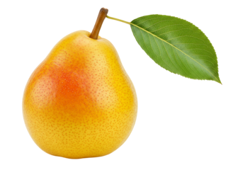 Ripe yellow pear with green leaf isolated on transparent background