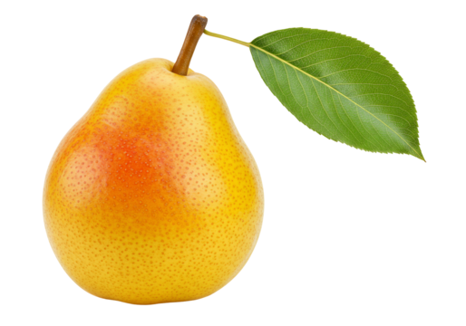 Ripe yellow pear with green leaf isolated on transparent background - Powered by Adobe