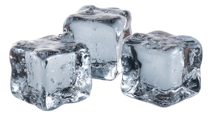 Three clear ice cubes, slightly overlapping, with visible facets and water droplets