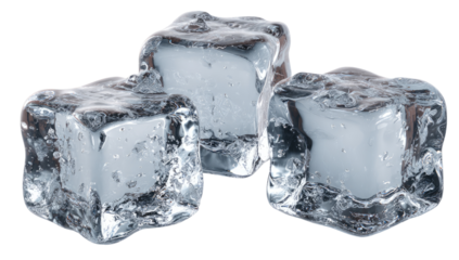 Three clear ice cubes, slightly overlapping, with visible facets and water droplets