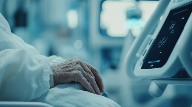 an elderly person using a healthcare robot to monitor health, representing human-robot AI interaction in elderly care, blurred background