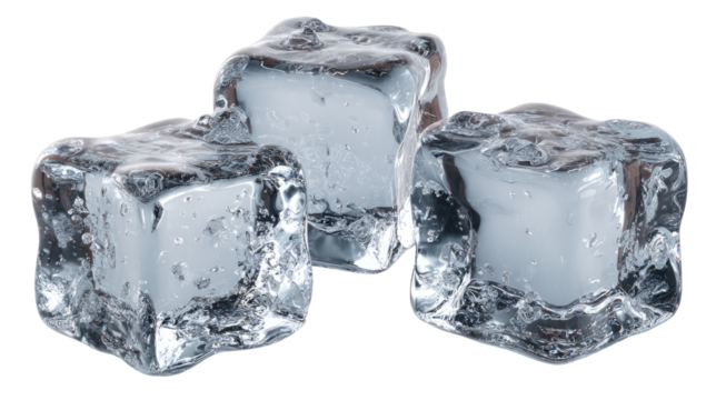 Three clear ice cubes, slightly overlapping, with visible facets and water droplets