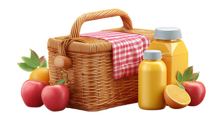 Wicker basket with fruits and juice bottles