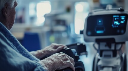 A close-up of an elderly person using a healthcare robot  on blurred background