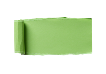 Green torn paper piece with rolled edge on transparent background