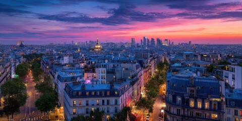 Naklejka premium Stunning cityscape at sunset showcasing vibrant skyline modern architecture urban landscape scenic horizon evening lights panoramic view dusk colors and vibrant city life