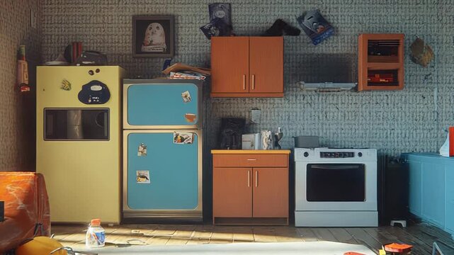 Messy kitchen in old apartment showing hoarding disorder