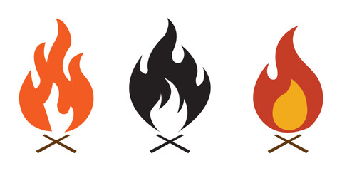Fire icons set. Fire symbol set. Red, Black and Orange fire icons. Collection of hot flaming element. Idea of energy and power. Energy, danger, alert, warning,  emergency Symbol and emergency Symbols.