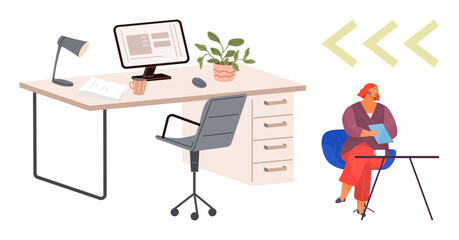 Workspace with desk, computer, lamp, chair, plant, coffee mug, paper, drawers and a woman sitting in a chair reading notes. Ideal for productivity organization work office life business setting