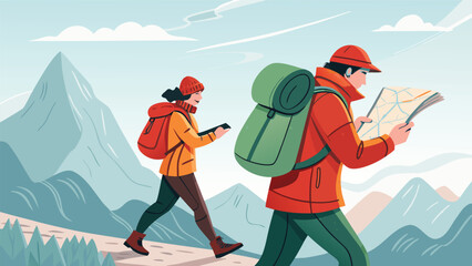 Fototapeta premium Vector art of adventurous couple hiking in the mountains, consulting a map for directions, surrounded by scenic landscapes and snowcapped peaks, enjoying outdoor activities