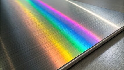 Vibrant rainbow spectrum of light refracts across a brushed metallic surface creating a mesmerizing abstract visual