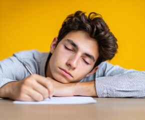 A young man, eyes closed, rests his head on his hands while writing on a sheet of paper.