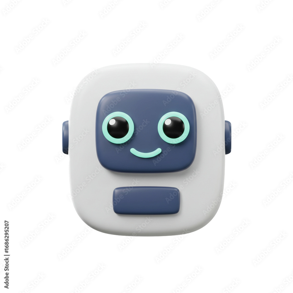 Poster a friendly, three-dimensional robot character with a smiling face and a simple, rounded design, perf