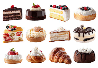 Assorted pastries and cakes in slices.  A variety of sweet desserts, including chocolate cakes, layer cakes, fruit tarts, and pastries, showcased in a grid format. 