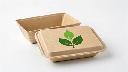 eco-friendly food delivery Eco-friendly takeout containers with a leaf logo, promoting sustainability in packaging.