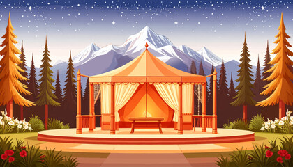 Beautiful gazebo surrounded by pine trees. Cozy tent on mountain plateau. Dreamy glamping tent by mountain peaks. Glamping tent in the midst of wild nature. Beautiful rustic tent in the wild outdoors