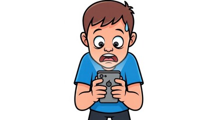 Anxious Boy Staring at Smartphone Cartoon Illustration