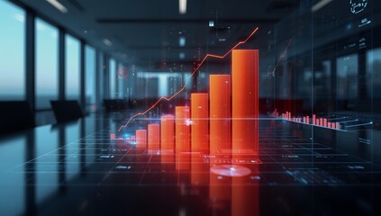 3D Business Graph & Chart Visualization with Neon Highlights, Modern Office, Growth.