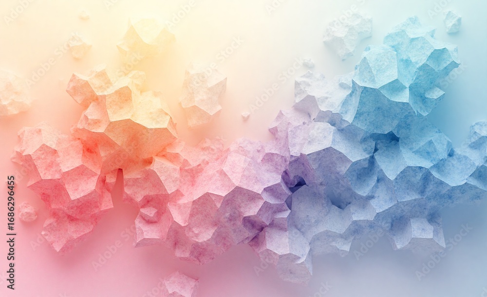 Poster abstract geometric patterns of blue and purple hues dominate the image, presenting a textured, gloss