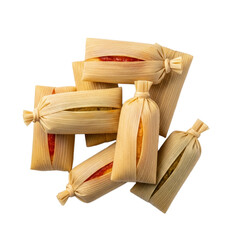 Explore the tradition of Mexican tamales wrapped in corn husks displayed on a clean white background from a top view perspective