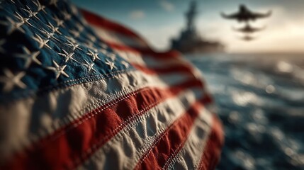 Veterans Day ceremony with American flag waving and military jets flying overhead in tribute