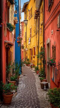 Walking through narrow street vibrant building town vacation