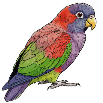 A vibrant watercolor vector illustration of a beautiful exotic Pionus parrot with colorful red, purple, and green plumage, isolated on a white background