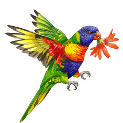 Obraz premium Vibrant watercolor illustration of a flying rainbow lorikeet parrot holding a red flower. Colorful tropical bird vector art isolated on a white background