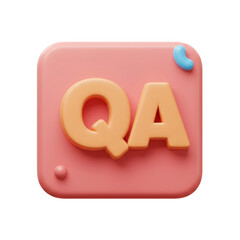 A rendering showcases the letters QA, representing quality assurance, on a soft pink square with playful, rounded shapes.