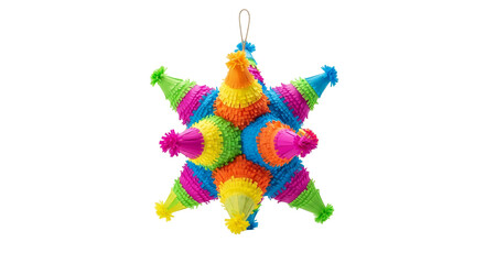 Colorful traditional Mexican pinata in star shape suspended against a white background