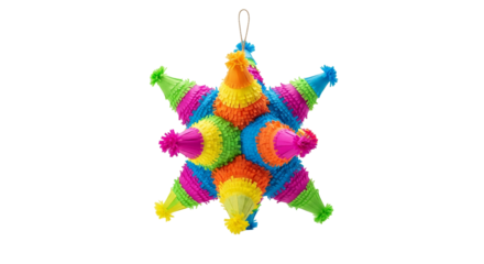 Colorful traditional Mexican pinata in star shape suspended against a white background