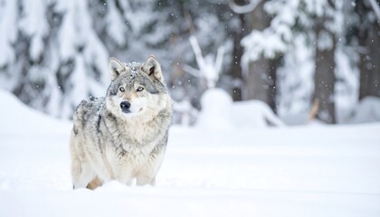 Naklejka premium A gray wolf stands alert in a snowy forest, showcasing winter's beauty.