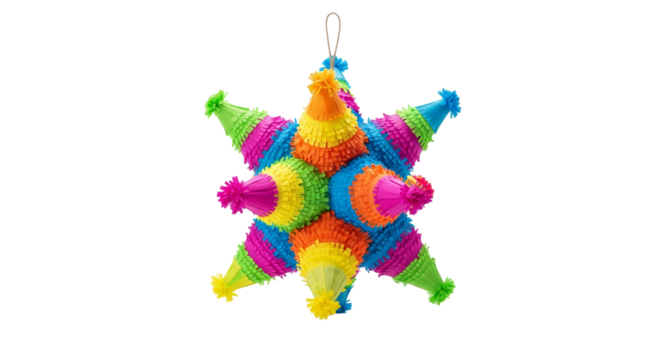 Colorful traditional Mexican pinata in star shape suspended against a white background