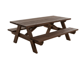Brown wooden picnic table with benches isolated on transparent background