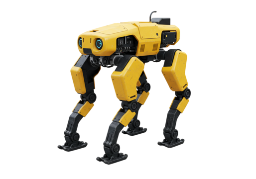 Yellow quadrupedal robot 3 d render transparent background technology automation future innovation - Powered by Adobe