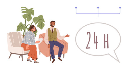 Two individuals seated in a discussion near plants and furniture, with a 24-hour concept in a speech bubble. Ideal for collaboration, communication, teamwork, planning, customer service, deadlines