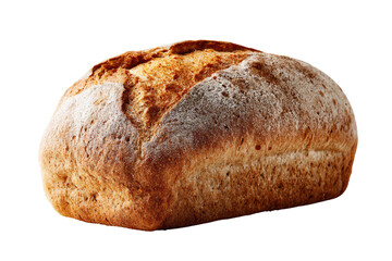 Close-up of a loaf of artisan bread, light brown crust, speckled with flour, displaying a slightly irregular, oblong shape