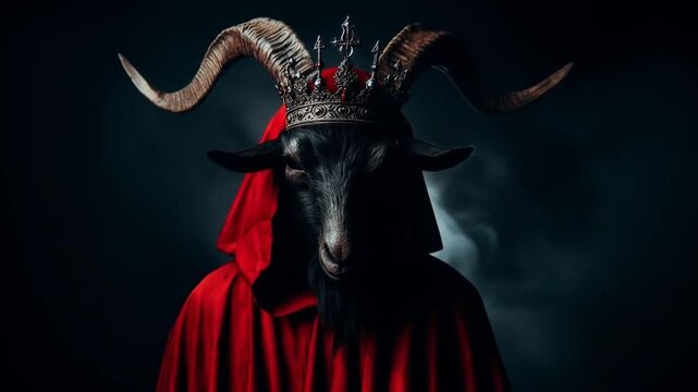 satanic goat with a crown in a red cloath, darkness evil occultism theme