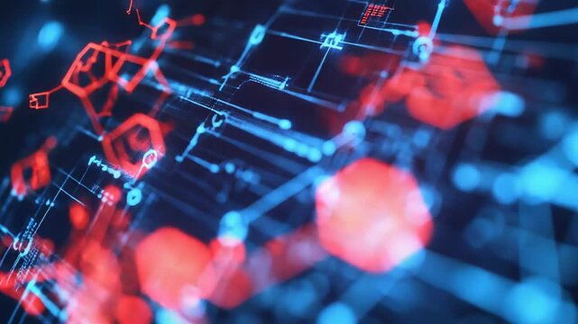 Futuristic quantum computing network connecting hexagonal nodes