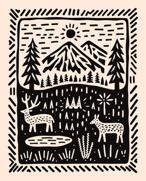 poster illustration deer mountain nature grass tree sun sky lino cut scene folk artwork paint design